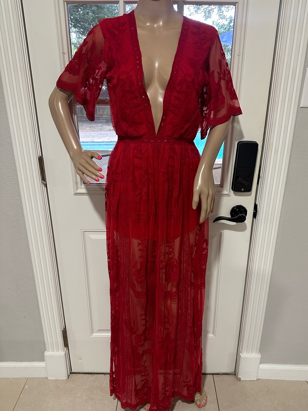 Honey Punch Red Lace Maxi Dress with Sheer Overlay